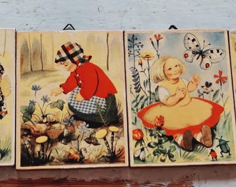 Vintage Swedish Four Seasons Wood Prints: Charming Children's Wall Art Decor for Small Spaces
