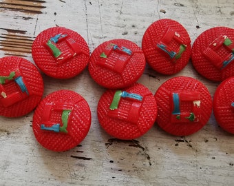Lot De 10 Boutons Anciens En Pâte De Verre Rouge - Diamètre 1,7 Cm - Boutons Plats 4 Trous Vintage