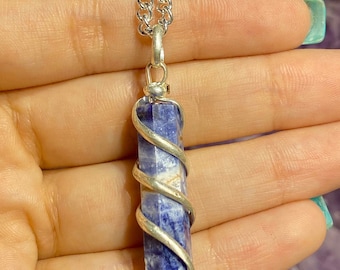Spiral Wire Wrapped Sodalite Necklace, Sodalite Pendant, Spiral Wrap Jewelry, Throat Chakra Necklace, Communication, Calmness, Peace