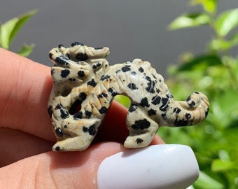 Mini Dalmatian Jasper Dragon Carving, Hand Carved Statue, Root
