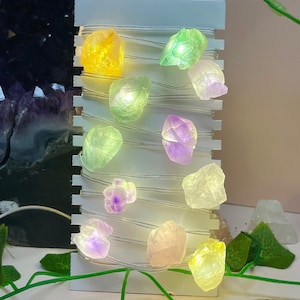 Crystal String Lights, Rough Stone Fairy Lights, 6.5 Feet USB Plug In, Rose Quartz, Amethyst, Fluorite, Citrine, Good Vibes, Love & Light