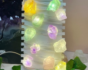 Crystal String Lights, Rough Stone Fairy Lights, 6.5 Feet USB Plug In, Rose Quartz, Amethyst, Fluorite, Citrine, Good Vibes, Love & Light