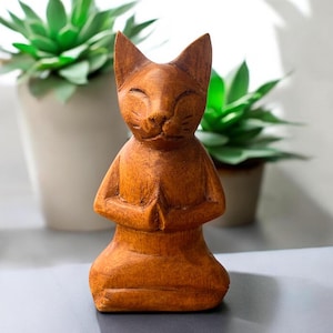 Teak Wood Yoga Cat Statue, Hand-Carved Meditation Cat Figurine, Mindful Zen Decor, Spiritual Gift for Cat Lovers, Handmade Animal Totem