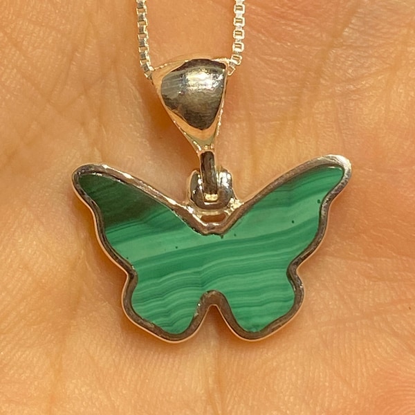 Malachite Butterfly Sterling Silver Pendant, Butterfly Pendant, Malachite Necklace, Hope, Foregiveness, Heart Chakra, Love, Bridesmaid Gift