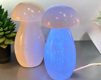 May include: Two white salt lamp mushroom night lights, one with a blue glow, on a gray surface.