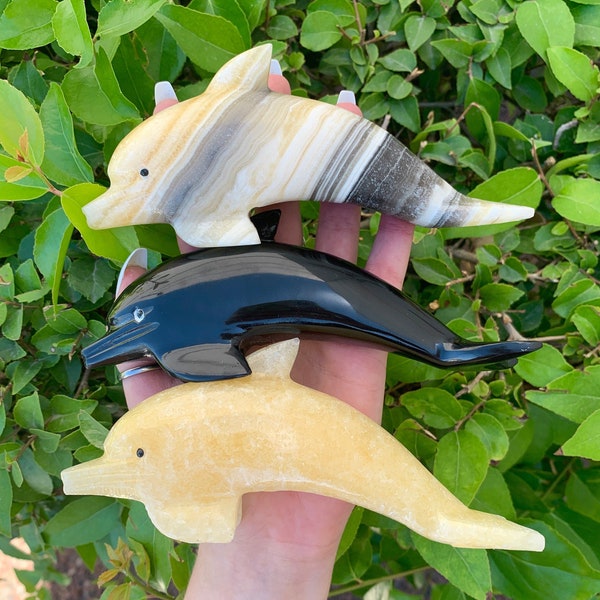 Large Crystal Dolphin Carving, Hand Carved Stone Dolphin, Zebra Onyx, Black Onyx, Orange Calcite, Stone Dolphin Figurine, Dolphin Gift