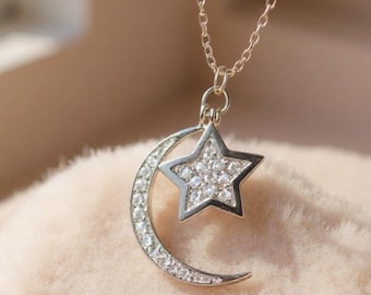 Crescent Moon and Star Sterling Silver Pendant Necklace, Adjustable Chain, Halloween Jewelry, Celestial Night Sky Jewelry Gift for Her