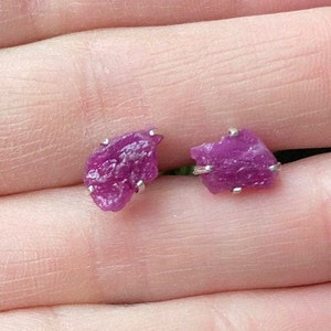 Rough Ruby Sterling Silver Earring, Ruby Earring, Raw Prong Set Stud Earrings, July Birthstone, Ruby, Sterling Silver, Red Stud Earring
