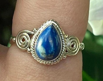 Teardrop Swirl Lapis Lazuli Sterling Silver Ring, Genuine Lapis Lazuli Stackable Ring, Lucky Stone, 925 Crystal Jewelry, Throat Chakra, ASJ