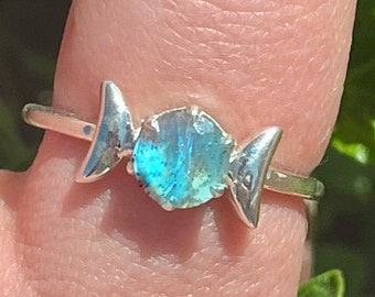 Labradorite Double Crescent Moon Sterling Silver Ring Celestial Moon Jewelry Labradorite Gemstone Ring for Women Gift for Her