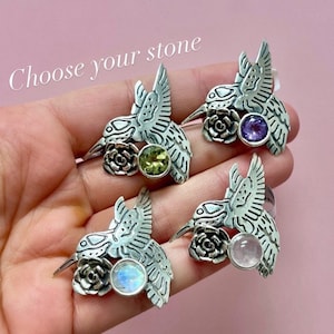 Hummingbird with Crystal 925 Sterling Silver Statement Ring, Boho Ring, Choose Your Crystal, Hummingbird Jewelry, Gift for Her, Flower, IGM