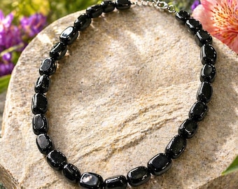 Shungite Beaded Necklace Adjustable 18 to 20 Inch Black Crystal Necklace Grounding Protection Jewelry Gift for Him Her EMF Style