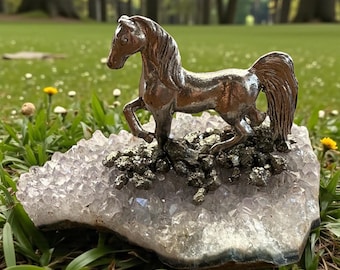 Pewter Horse Amethyst Cluster with Pyrite Base Crystal Horse Figurine Equine Decor Gift Horse Lovers Natural Stone, Fire Horse Year of Horse