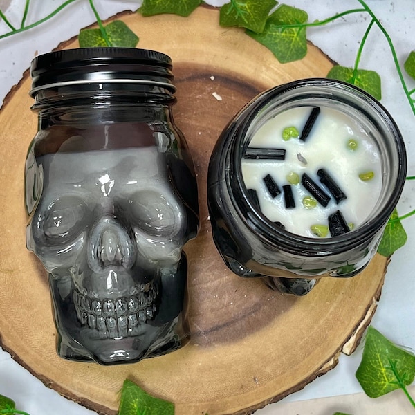 Handmade Spooky Skull Crystal Candle, Autumn Candy Apple Spice Scented Large approx. 18oz Soy Wax Candle, Black Tourmaline and Peridot