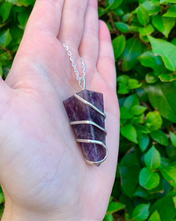 Handmade Amethyst Crystal Point Wire-Wrapped Pendant Necklace – Silver, 18 Inch, Chakra Healing