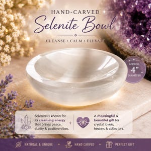 May include: Hand-carved selenite bowl, approximately 10 cm in diameter. The bowl is a translucent white colour. The text on the image says "CLEANSE + CALM + ELEVATE". Selenite is known for its cleansing energy. A perfect gift for crystal lovers.