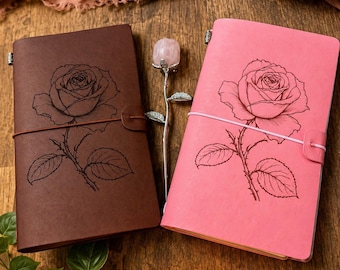Rose Quartz Rose Decor with Vegan Leather Rose Journal Gift Set, Pink or Brown Engraved Notebook, Crystal Rose Gift for Her