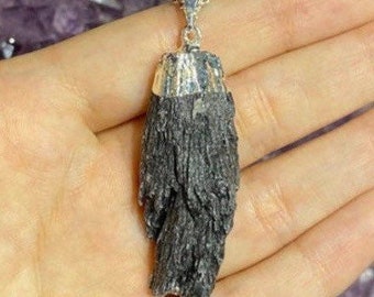 Black Kyanite Pendant, Rough Black Kyanite Fan Necklace, Black Kyanite Fan, Protection, Root Chakra, Witches Broom, Halloween