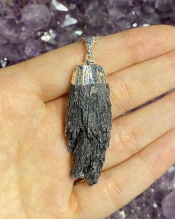 Black Kyanite Pendant Rough Black Kyanite Fan Necklace Black