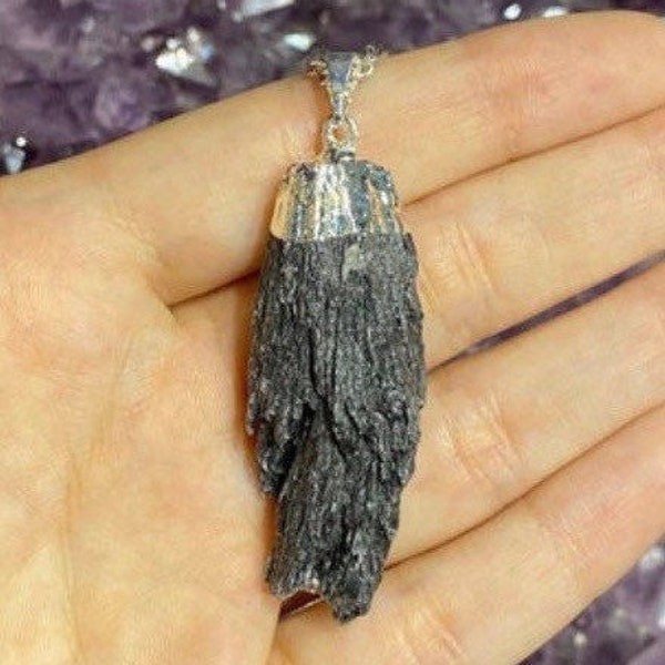 Black Kyanite Pendant, Rough Black Kyanite Fan Necklace, Black Kyanite Fan, Protection, Root Chakra, Witches Broom, Halloween