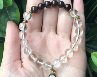 Garnet Clear Quartz and Wood Bracelet
