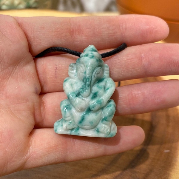 Moss Agate Ganesh Stone Carved, Green Ganesh Necklace, Ganesha Pendant, Ganesh Carving, Lucky Carving