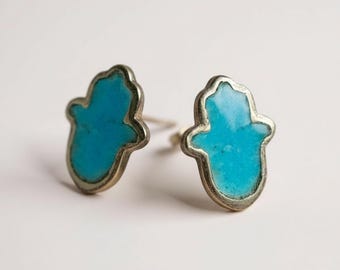Turquoise Hamsa Stud Earrings Sterling Silver Protection Jewelry Gift Minimal Boho Evil Eye Style
