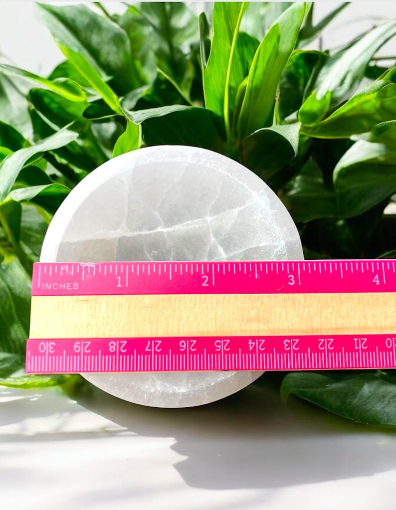 May include: A circular, white selenite crystal plate, measuring approximately 7.6 cm in diameter, with a pink ruler showing the measurement. The plate is set against a backdrop of green foliage.
