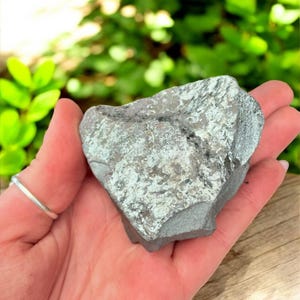 K&ouml;nnte beinhalten: Ein grauer, unregelm&auml;&szlig;ig geformter Felsen mit strukturierter Oberfl&auml;che, gehalten in einer offenen Hand. Der Felsen hat silberne und wei&szlig;e Flecken, mit verschwommenem gr&uuml;nem Laub im Hintergrund.