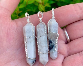 Wire Wrapped Moonstone Point Necklace, Terminated Point, Wire Wrap Necklace, Crown Chakra, Female Power, White Necklace