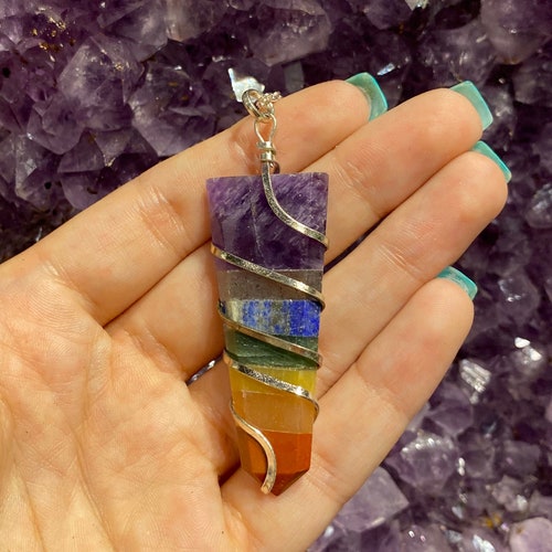 Chakra Flat Obelisk Wire Wrap Pendant w/ Rhodium chain, Chakra Pendant, Chakra Necklace, Wire Wrapped Chakra Necklace