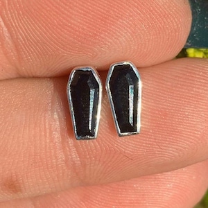 Black Tourmaline Coffin Shape Sterling Silver Earring, Coffin Shape Earring, Inlay Stud Earrings, Protection Stone, Oddity
