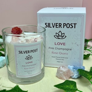 Flowers & Crystals Soy Love Crystal Candle, 7.1 Oz Hand Made, Healing Herbs Aromatherapy, Rose Quartz Stones, Pink Champagne, Love Goddess