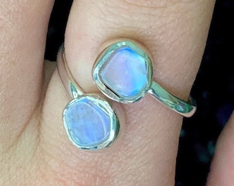 Wrap Around Double Moonstone Sterling Silver Adjustable Ring, Rough Stone Ring, June Birthstone, Crown Chakra, Female Energy, Boho