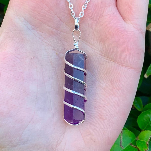 Spiral Wire Wrapped Amethyst Necklace, Wire Wrap Necklace, Crown Chakra, Healing Stone, Purple Necklace, Bridesmaids, Healing Gift