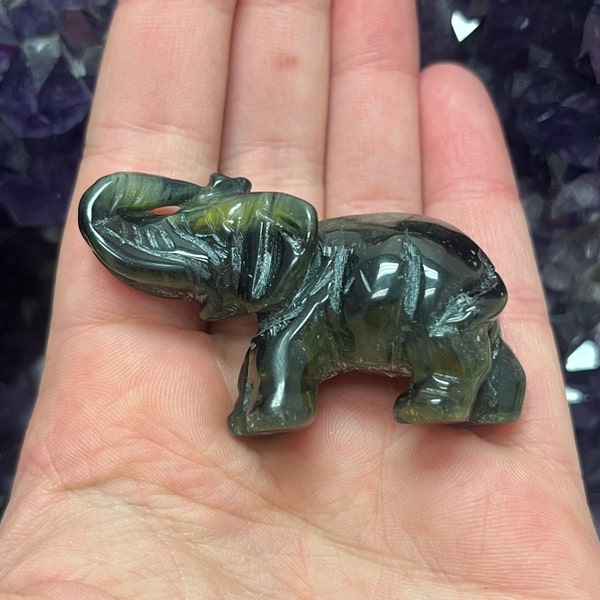 Blue Tigers Eye Elephant, 2" Elephant, Lucky Elephant Stone Carving, Polished Elephant, Solar Chakra, Lucky Charm, Confidence Stone