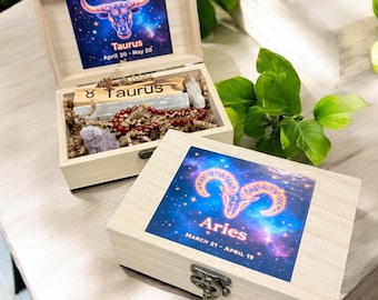 Zodiac Crystal Gift Box – Astrology Set with Amethyst, Clear Quartz, 6mm Bracelet, Carved Palo Santo & Selenite – Spiritual Energy Kit