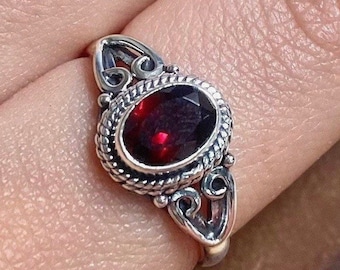 Oval Curl Garnet Sterling Silver Ring, Genuine Garnet Stackable Ring, 925 Crystal Jewelry, Root Chakra, January Birthstone, ASJ, Red Ring