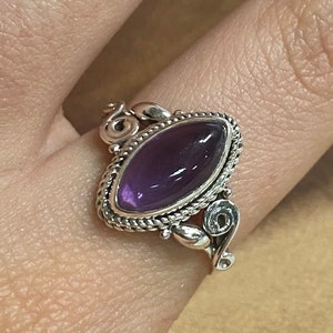 Amethyst Marquise Spiral Accent Sterling Silver Ring, Amethyst Stackable Ring, 925 Crystal Jewelry, Crown Chakra, February Birthstone, ASJ