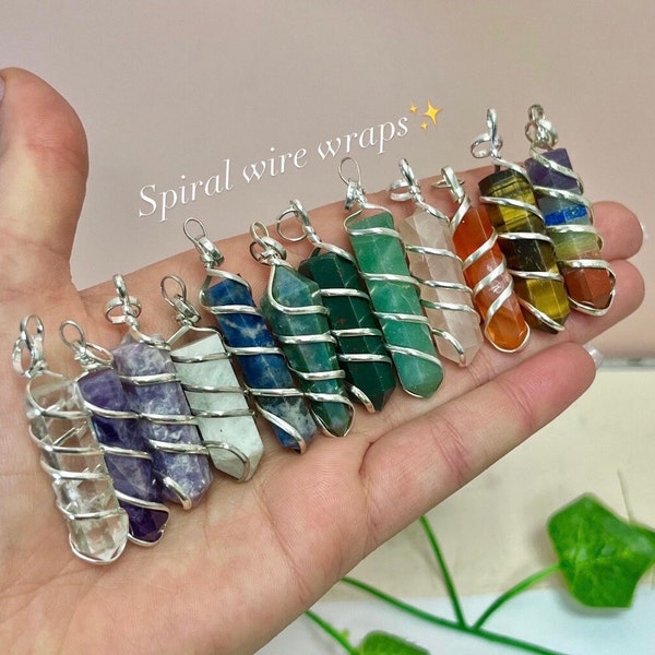 Spiral Wrapped Crystal Pendant Collection, Genuine Stone Necklaces, Boho Style Jewelry, Birthstone, Gift for Crystal Lover, Chakra Balancing