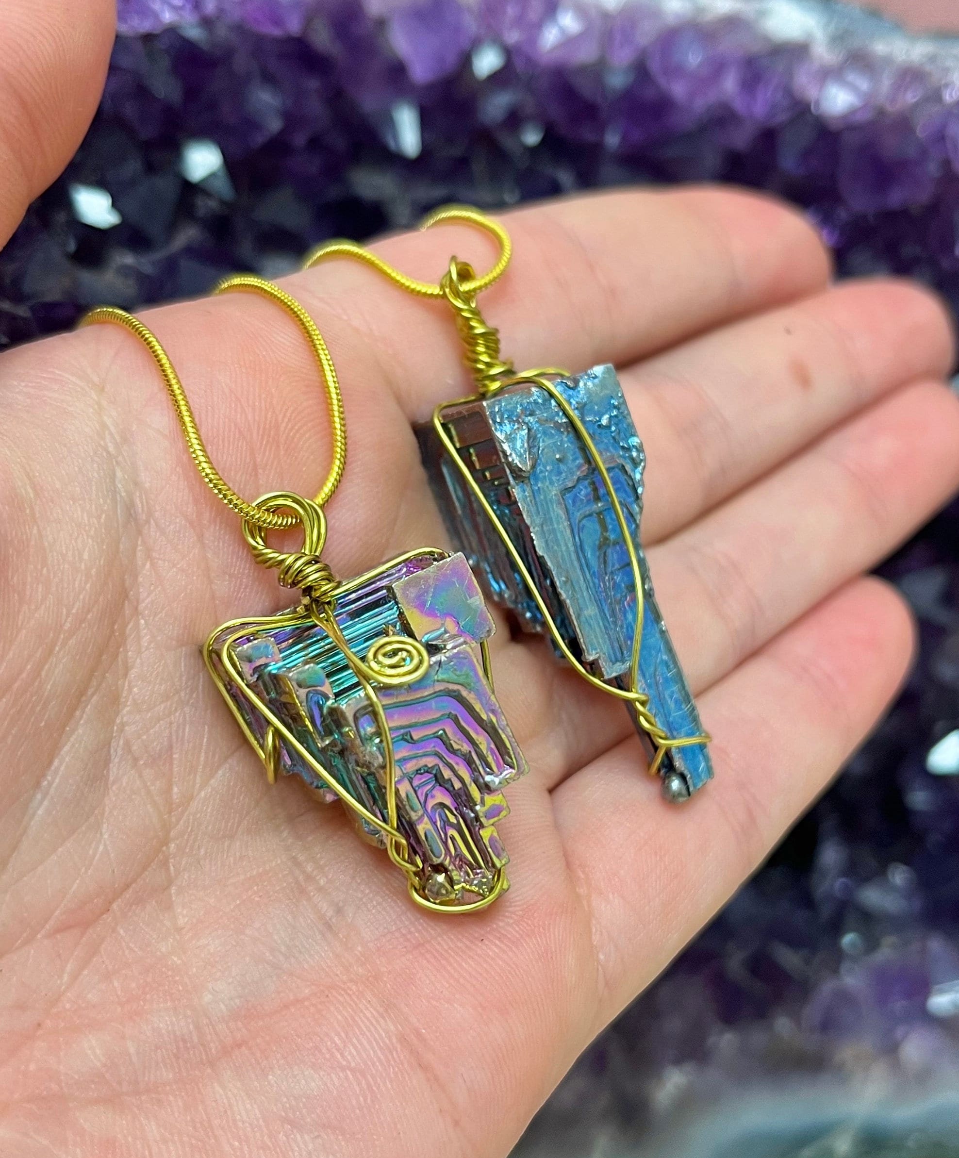 Genuine Bismuth Wire Wrapped Gold Plated Pendant, 83 Periodic Table Bismuth, Rainbow Necklace, Unique Crystal, Transformation & Healing