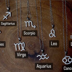 May include: Twelve silver necklaces with zodiac symbols, each with a different zodiac sign, including Pisces, Sagittarius, Scorpio, Capricorn, Aries, Virgo, Leo, Libra, Taurus, Gemini, Aquarius, and Cancer.