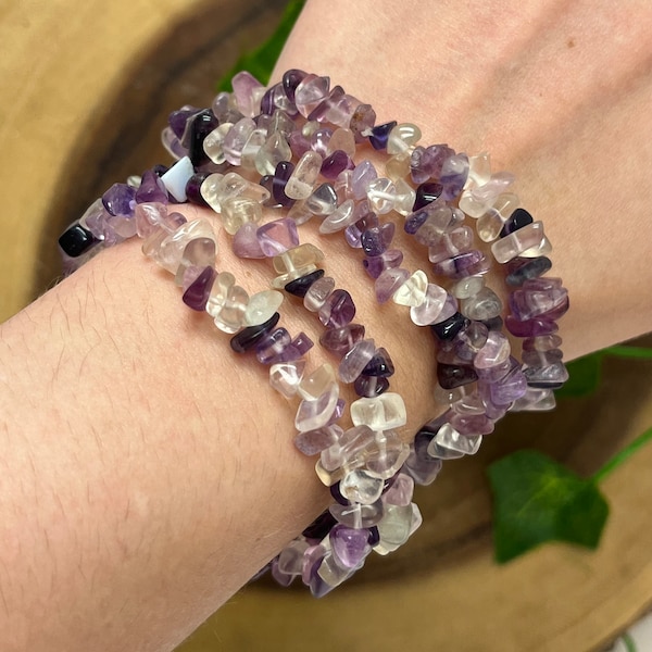 Magical Dark Fluorite Stone Chip Bracelet, Third Eye Chakra, Heart Chakra, Purple Fluorite, Imagination Stone, Focus, Healing Energy, Boho