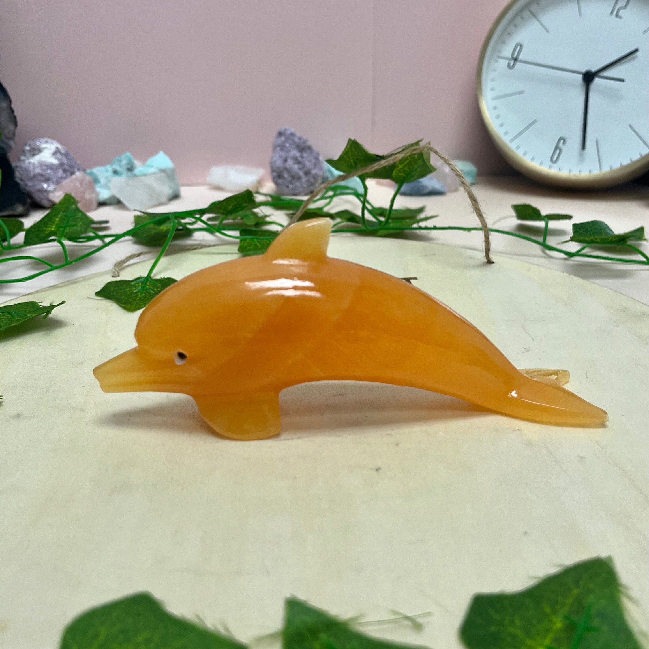 Large Vibrant Orange Calcite Dolphin Carving, Hand Carved