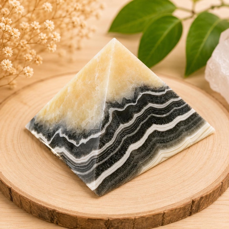 May include: A pyramid-shaped decorative object made of layered onyx stone. The pyramid features a mix of black, white, and yellow-beige bands. The stone pyramid is displayed on a wooden slice.