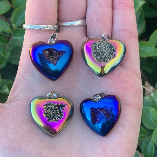 Aura Quartz Druzy Heart Necklace with Plated Chain, Rainbow Heart Pendant, Aura Quartz Heart, Druzy Heart, Heart Necklace, Heart Necklace