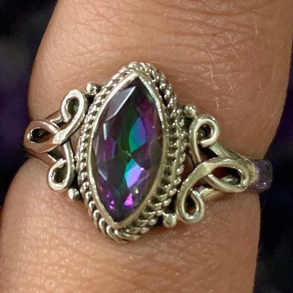Mystic Quartz Marquise Swirl Sterling Silver Ring, Genuine Mystic Quartz Stackable Ring, 925 Crystal Jewelry, Crown Chakra, ASJ