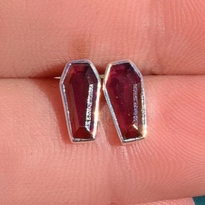 Garnet Coffin Shape Sterling Silver Earring, Coffin Shape Earring, Sterling Silver, Inlay Stud Earrings, January Birthstone, Oddity
