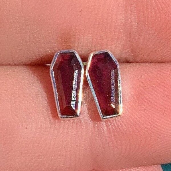 Garnet Coffin Shape Sterling Silver Earring, Coffin Shape Earring, Sterling Silver, Inlay Stud Earrings, January Birthstone, Oddity