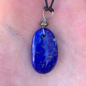 May include: A dark blue lapis lazuli stone pendant with gold flecks, hanging from a black cord with a silver bead.